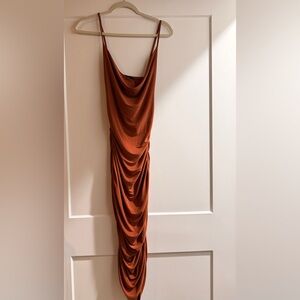 Boohoo Rust Ruched Midi Dress & Duster Set Size 6